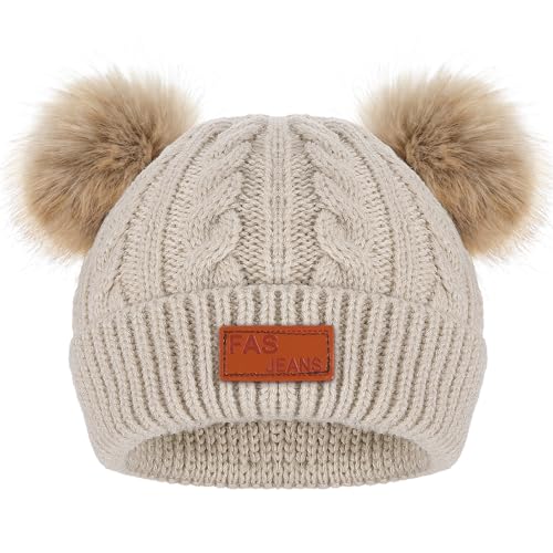 CIATBYYJ Wintermützen Kinder Mädchen, Warme Bommelmütze, Weiche Strickmütze Beanie Mütze Warm Mütze, Süße Wintermütze mit Zwei Bommeln für Mädchen und Jungen(Khaki)