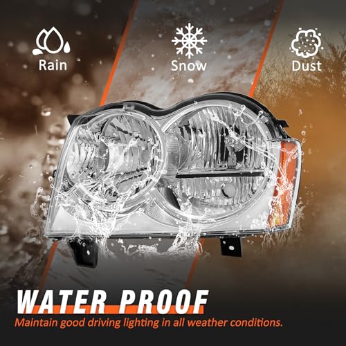 AXLAHA Headlight assembly for 05-07 Jeep Grand Cherokee Compatible with Jeep Grand Cherokee 2005 2006 2007 Chrome Housing Amber Reflector Replacement Pair Chrome Housing Amber Reflector Clear Lens by AXLAHA - Image 4