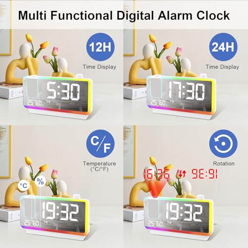 Cuteefun Projektionswecker, Digitalwecker mit Großer 7 LED Anzeige, 8 Modi RGB Nachtlicht, 180° Projektor, 2 Weckzeiten, Dual USB Anschluss, Temperatur und Luftfeuchtigkeit, Dimmer, Snooze, Weiß