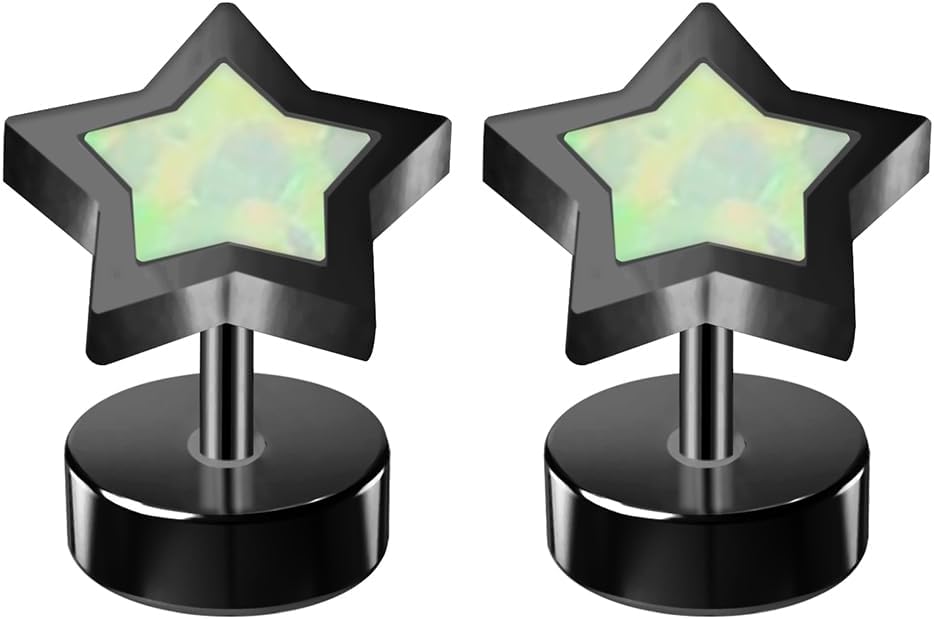 White Opal, Blue Opal Black Anodized Star Top 16 Gauge 316L Surgical Steel Fake Ear Plug - Cheater Plug - Gauges Earring - Faux Body Piercing Jewelry