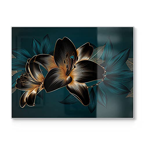 DEQORI Tabla de cortar de cristal, grande, 40 x 30 cm, diseño de lirios de alta calidad, placa de corte para cocina, antibacteriana y antideslizante, placa de cristal y bandeja para servir