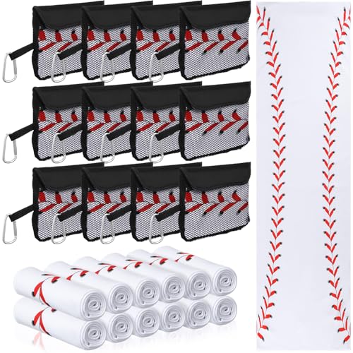 Moukeren 12 Pcs Cooling Towel with Mesh Storage Bag and D Ring Hook 40 x 12 Soft Breathable Chilly Microfiber Sport Towels for Yoga Running Gym Workout Sport Party Favors Team Gift (Baseball)