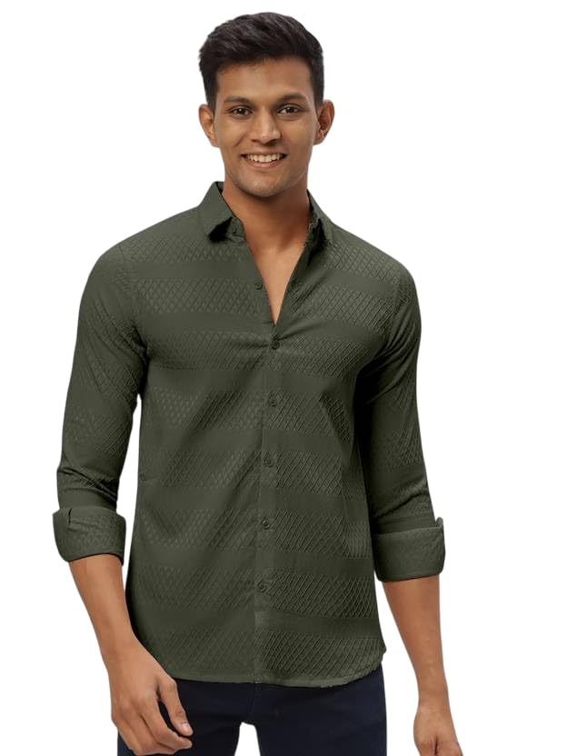 Image of Men's Polycotton Casual Textured Button Down Regular Fit Shirts Long Sleeve Shirt