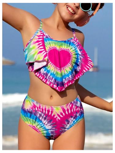 Girl's Tankini Swimsuit Heart Print Asymmetrical Hem Bathing Suit 2 Piece Cute Swimwear Set2