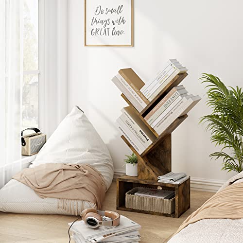 Hoctieon 3 Tier Tree Bookshelf, 3 Shelf Bookcase With Drawer, Free Standing Tree Bookcase, Display Floor Standing Shelf For Books, Book Organizer Shelves For Office, Living Room, Rustic Brown #TOP5