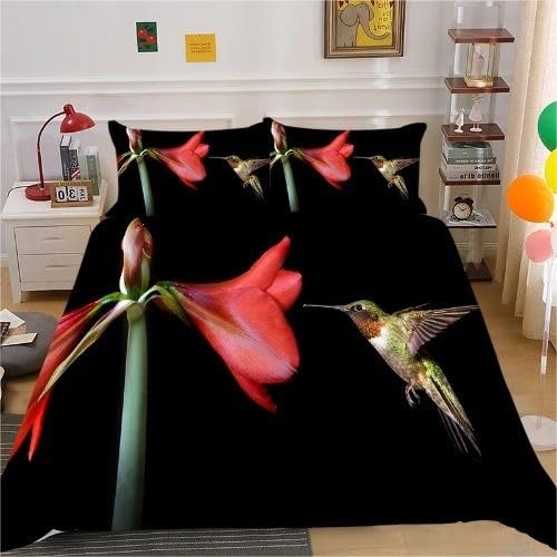 Housse de couette 220x240 fleurs et oiseaux avec 2 taies d'oreiller 65x65 en microfibre douce
