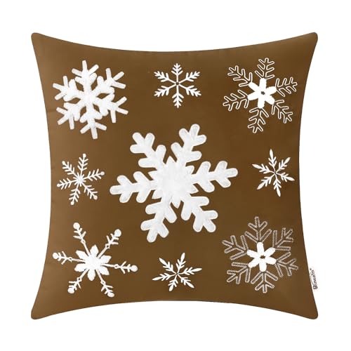 BRAWARM Christmas Snowflake Pillow Cover 20x20 Brown Velvet Embroidered
