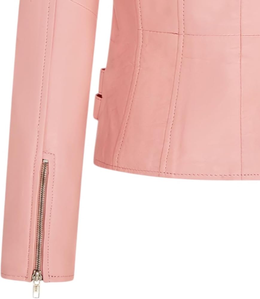 Ladies Retro Baby Pink 100% Nappa Leather Biker Jacket at Amazon
