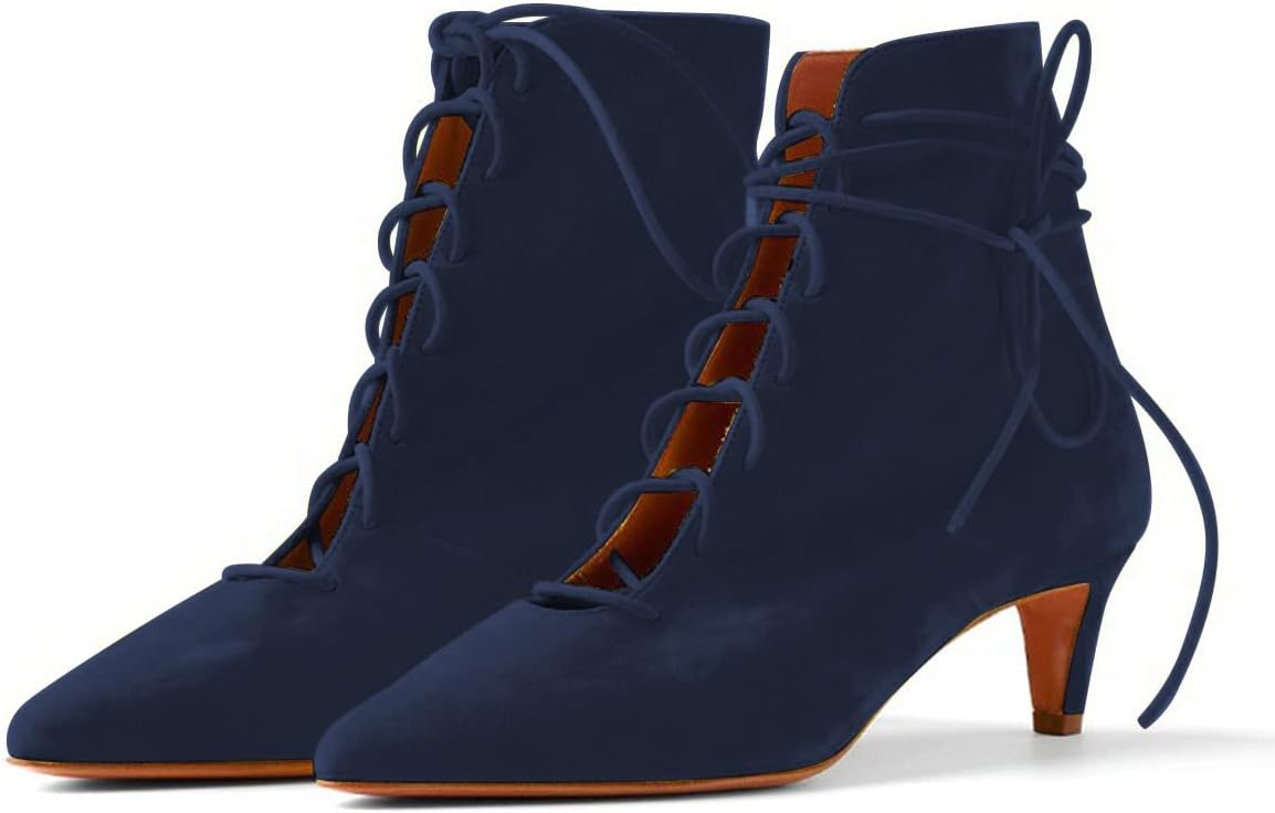 FSJ Women Fashion Pointed Toe Low Heel Ankle Boots Elastic Lace Up Casual Walking Ladies Shoes Size 4-15 US