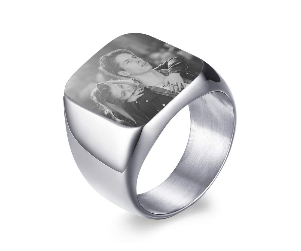 VNOX Anillo de Sello de Foto Personalizado Grabado Láser Anillo Banda con Imagen para Hombres y Mujeres,Anillo de Acero Inoxidable Personalizado, Cumpleaños/día del Padre/Regalo del día de Navidad