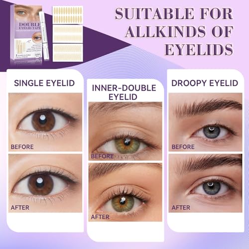 Eyeellyn Eyelid Lifter Strips 480PCS, Double Eyelid Tape, 3 Different Shapes Invisible Eyelid Tape, Set for Droopy, Uneven or Hooded Eyes, Instant Eye Lift Without Surgery, with Fork Rods and Tweezers
