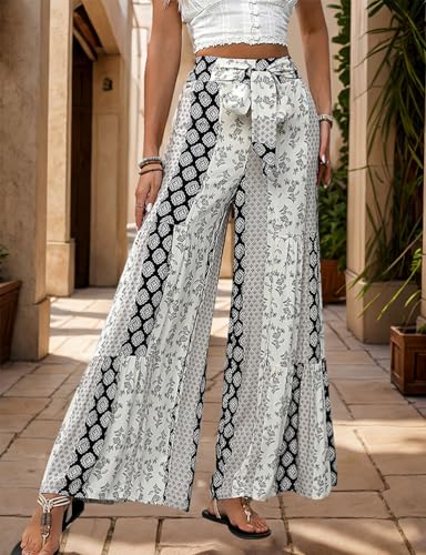 Womens Wide Leg Floral Boho Pants Summer Lightweight Casual Vacation Travel Beach Flowy Pants2