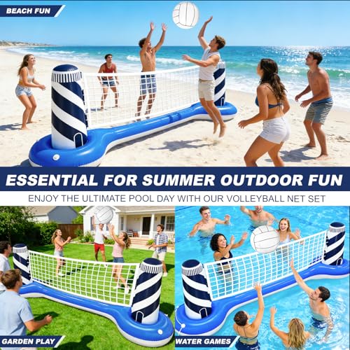 Inflatable Pool Games Volleyball Net Pool Float Set with 19" Beach Ball, Lighthouse Design – Floating Swimming Water Sports Toys for Adults, Perfect for Summer Pool Party Supply (112"X26"X35")