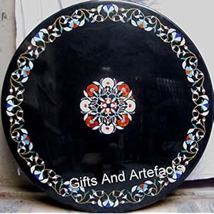 Dessus de table de salle à manger en marbre avec plateau rond noir Pietra Dura Art – 152,4 x 152,4 cm