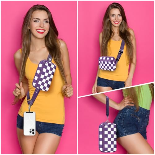 Image of YFWE Clip and Go Strap for Phone with Wallet Crossbody, Adjustable Phone Lanyard with Detachable RFID Wristlet Wallet, Phone Strap with Phone Tabs for All Phones, Purple Checkered (L)