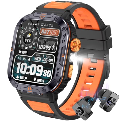 Military Smart Watch for Men (Music Storage), 2.01" Smart Watch for Android and iOS, Fitness Tracker with Flashlight/Connectable TWS Earphones/Health Monitoring/100+ Sports Modes (Orange)