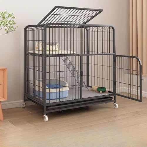 Dearolling猫の別荘ケージ犬ケジ家庭用ペット特大自由空間猫ケジ猫の巣猫ハウス一体型トイレペット超大型フリースペーススペースを占有しない猫ケジ猫小屋猫舎一体トイレ (プーリー付きの特大ダブルデッキサンルーフ,ブラック)