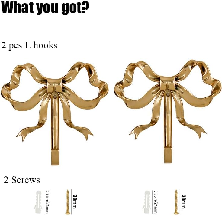 Bow Wall Hooks Brass (2 Pcs) Christmas Wall Decor Gold Hooks Door Hanger Towel Multi-Purpose Hooks for Hanging for Bathroom Living Room Kitchen Decor Christmas Birthday Gift (L)