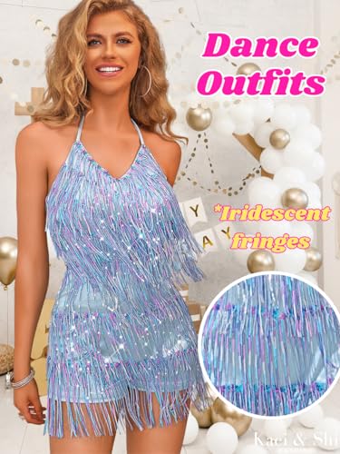 Image of Kaei&Shi Sequin Fringe Romper,Sparkly Glitter Metallic Jumpsuits For Women,Backless Shorts Dress Disco Birthday Dance Outfit