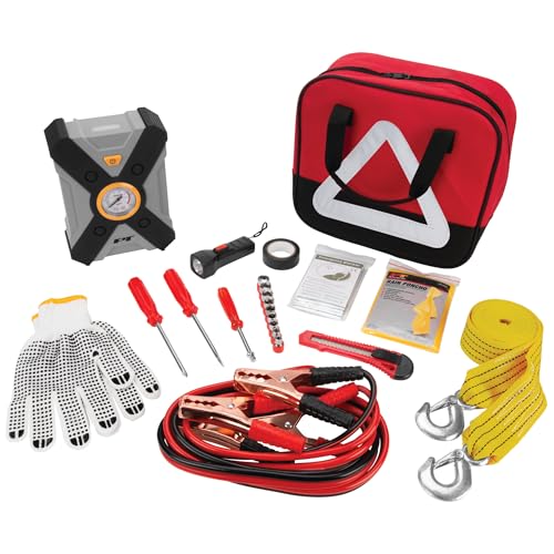 Performance Tool E00013 33 pc. Deluxe Roadside Assistance Kit: Featuring Vortex 12V Rapid Tire Inflator, Booster Cables, Tow Rope, Flashlight, Socket Set, First Aid Kit, Tool Kit and Storage Case