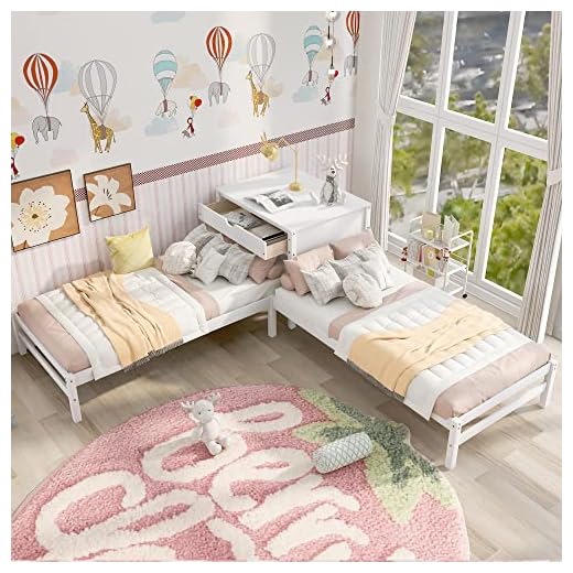 L Shaped Twin Beds with Storage Drawer, Twin Size Corner Bed with Built-in Rectangle Table, 2 BES for Kids, Teens, Adults, No Box Spring Needed, White