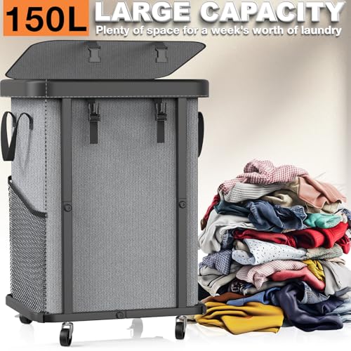 150L (40 Gal) Large Fashion Laundry Basket with Wheels, Leather Patchwork Rolling Hamper Carts, Sturdy Metal Frame, Removable Washable Bag, Tall Clothes Sorter for Bedroom, Laundry Room, Dorm - Gray