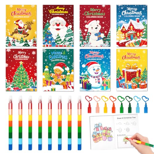 Confezione da 8 mini libri da colorare natalizi con 8 scatole di pastelli, libro da colorare, bomboniere per bambini, mini libro da colorare, riempitivo per sacchetti di dolcetti, articoli per feste