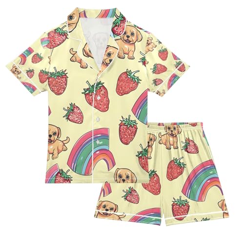 senya Strawberry Puppy Satin Summer Pajama Sets Silk Short Sleeve Button Down Sleepwear