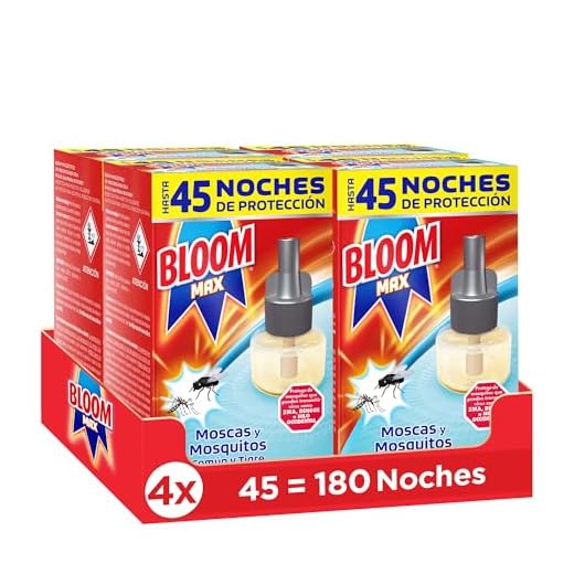 Bloom Max pack de 4 recambios Líquido, insecticida eléctrico antimosquitos contra moscas y mosquitos común y tigre