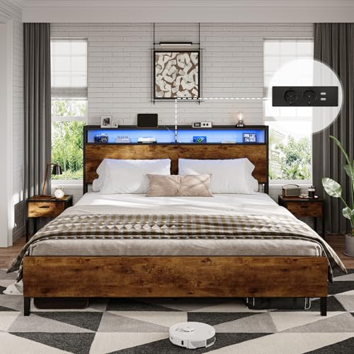 DICTAC Bett 160x200 mit LED Beleuchtung,Metall Doppelbett mit Steckdose und USB-Ladefunktion, Bettgestell 160x200 mit Holzkopfteil Stauraum, Bettrahmen mit Lattenrost und Stauraum unter dem Bett