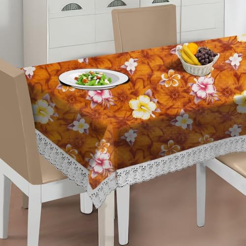 Image of The Furnishing Tree Waterproof PVC Rectangle Shaped 12 Seater Table Cover WxL 60x140 inches Floral Pattern Orange with White Border lace
