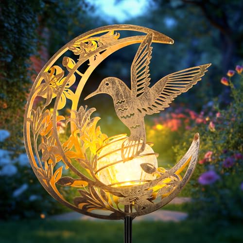 Solar Hummingbird Garden Gifts for mom/Grandma/Women Lights Outdoor Decor - Moon & Bird SolaGardenLights Waterproof Auto On/Off Pathway Lighting for Yard/Lawn/Patio Thanksgiving Day
