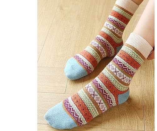 Image of 5-Pairs Vintage Knitting Stripe Reindeer Wave Pattern Women's Fluffy Cute Crew Socks Warm Soft Cotton Calf Socks