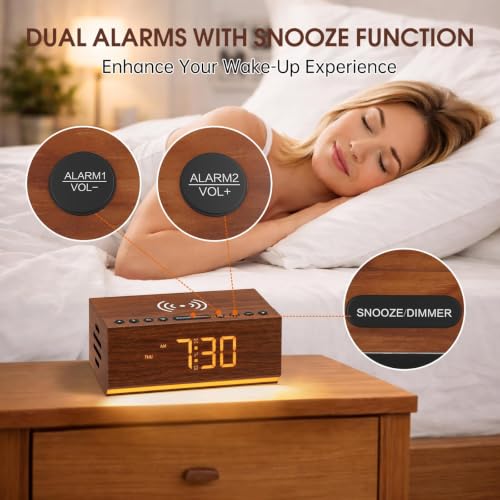 Hoifen Wooden Digital Alarm Clock, Wireless Charging & Bluetooth Speaker - Image 4
