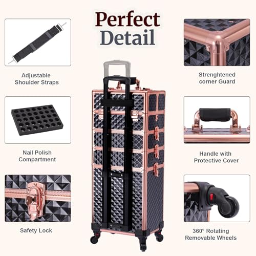 Image of TOPACK Professional 4-In-1 Rolling Makeup Train Case, Large Makeup Travel Case with Key Shoulder Strap /Handle Cushion I Makeup Train Case I Makeup Nail Cart I Cosmetology Case on Wheels(Black Glod)