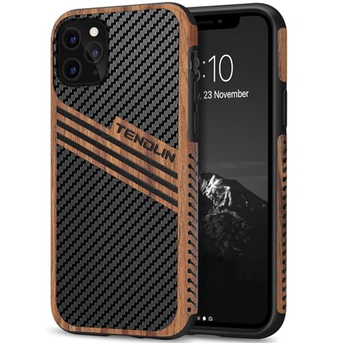 Coque iPhone 11 Pro Max étui hybride en bois carbone et cuir stripes