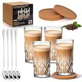 jiawaggag 4er Set Latte Macchiato Gläser 360 ml Longdrinkgläser Kaffeegläser mit 4 Löffeln und 4 Untersetzern Cappuccino Gläser Cocktailgläser aus Kristallglas Für Cappuccino Latte Tee Saft