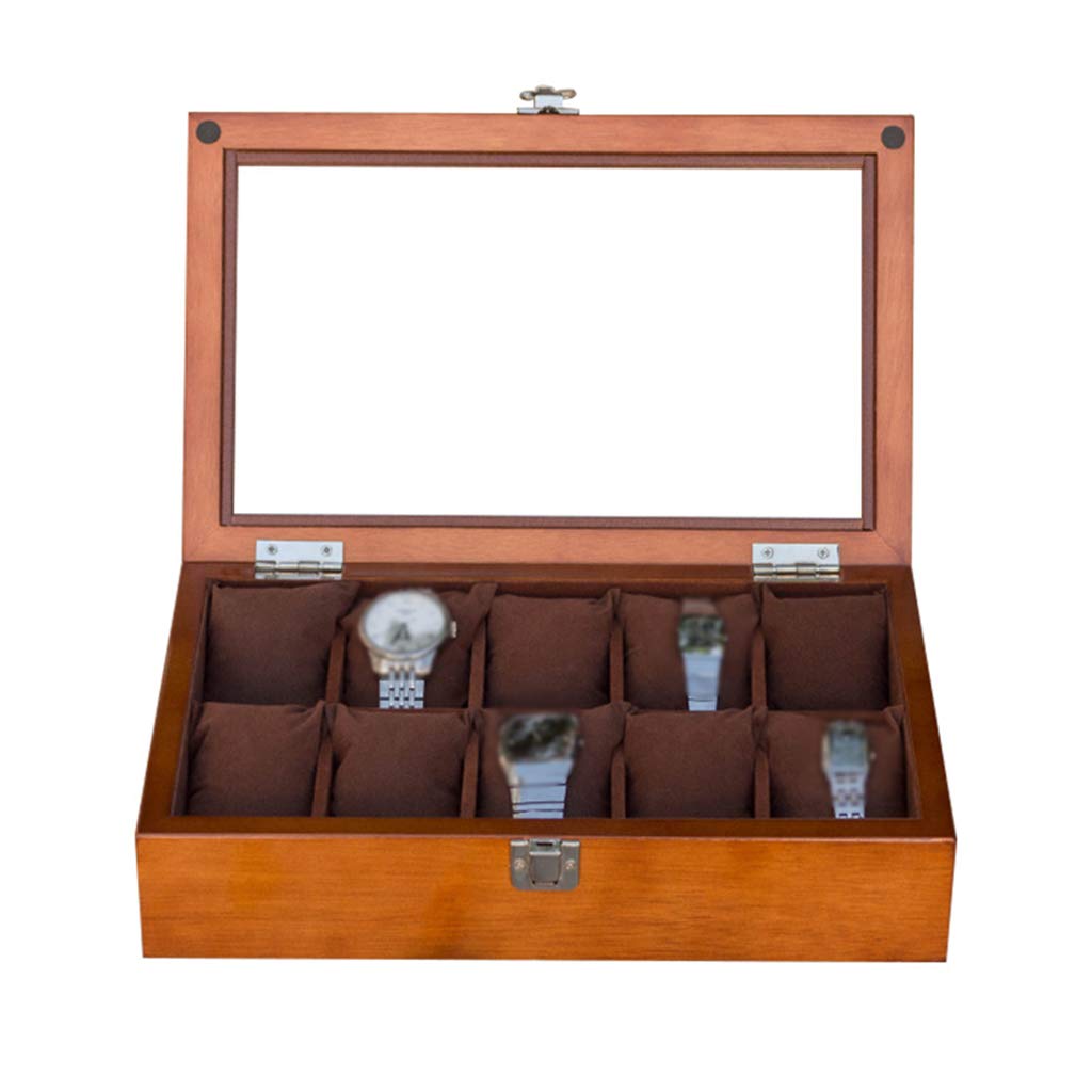MUSUMI Caja de reloj de Madera Vitrina de almacenamiento de joyas Bandeja de pulsera con 10 almohadas de almacenamiento extraíbles, organizador de gemelos con cierre de Metal y vidrio Superior