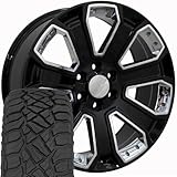OE Wheels CV93B 22 Inch Rims and Tires Fit Silverado 1500 Style 6x139.7 22x9 Gloss Black with Chrome Insert - Hollander 5660 - TerraMax RT 285/45-22 (Set of 4)