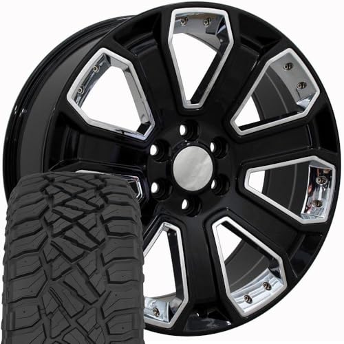 OE Wheels CV93B 22 Inch Rims and Tires Fit Silverado 1500 Style 6x139.7 22x9 Gloss Black with Chrome Insert - Hollander 5660 - TerraMax RT 285/45-22 (Set of 4)