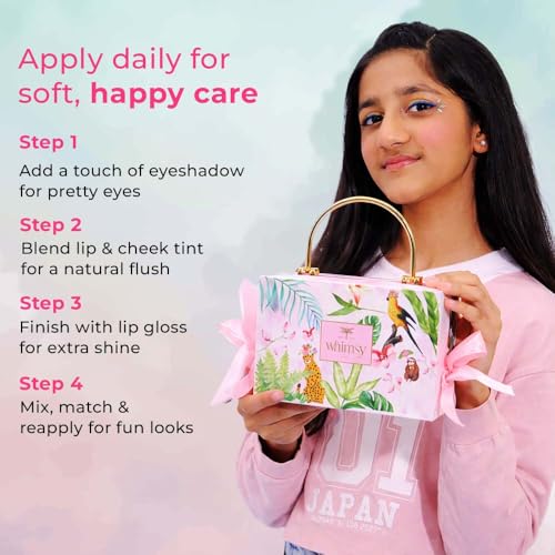 Image of Whimsy Beauty Magical Clutch Beauty Kit | Safe, Non-Toxic Beauty Set for Kids & Pre-Teens |Eye Shadow Palette, Lip Tint, Lip Gloss, Press-On Nails & Puff Blender | Vegan & Cruelty-Free (Pack of 5)