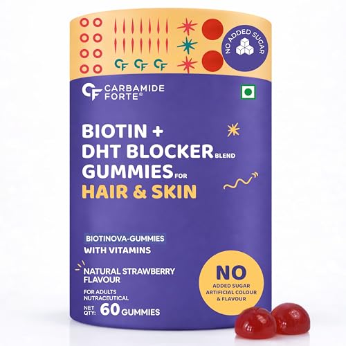 Image of Carbamide Forte Hair Gummies with Biotin & DHT Blockers | Biotin Gummies for Hair Growth | Hair Supplement for Women & Men | Strawberry Flavour with No Added Sugar | 60 Gummies