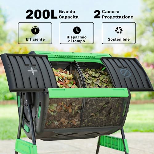Outsunny Compostiera Da Giardino Rotante 200L A Doppia Camera, Compostiera Girevole A 360°, Prese D'aria Guanti, In Pp Senza Bpa, Compostaggio Rifiuti Organici Di Cucina Giardinaggio Cortile Esterno - 3