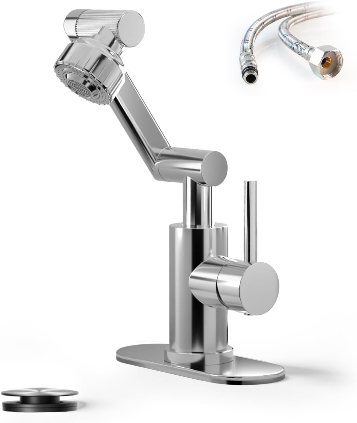 Chrome1080° Universal Rotatable Bathroom Faucet - Lead-Free Stainless Steel, Height Adjustable, Dual Spray Modes, Single/3-Hole Installation, for Bathroom Sink -Grifo de baño giratorio 1080 grados