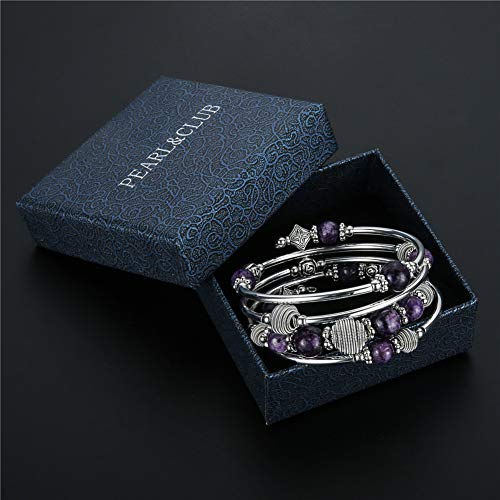 PEARL&CLUB Beaded Chakra Bangle Turquoise Bracelet - Fashion Jewelry Wrap Bracelet with Thick Silver Metal and Mala Beads, Birthday Gifts For Women(Purple) - Thumbnail 6