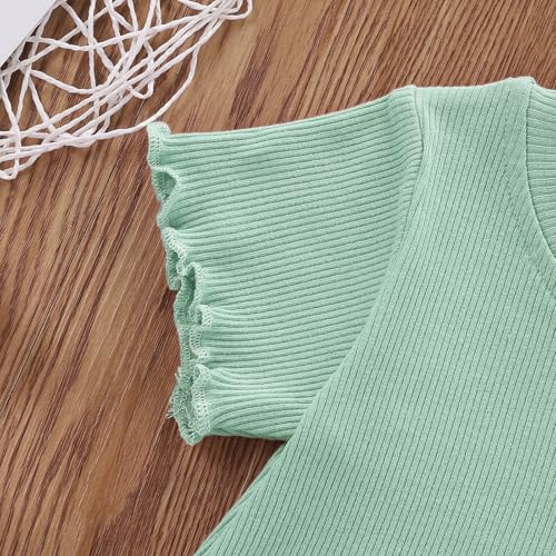 Image of Toddler Girl Clothes Summer Outfit Short Sleeve Shorts Set 12M-5T | Soft ribbed knit toddler girl outfit with breathable fabric, ruffle top, comfy shorts and stretchy fit for summer daily wear.
