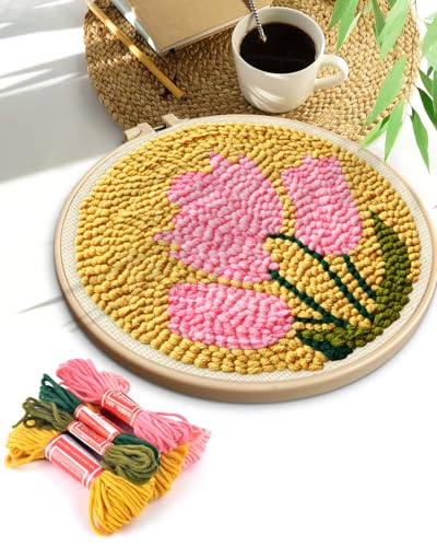 Image of TINDTOP Punch Needle Embroidery Kits, Tulip Punch Needle Kits for Adults Beginner, Tool with Punch Needle Fabric, Hoops, Yarns and Sewing Needles
