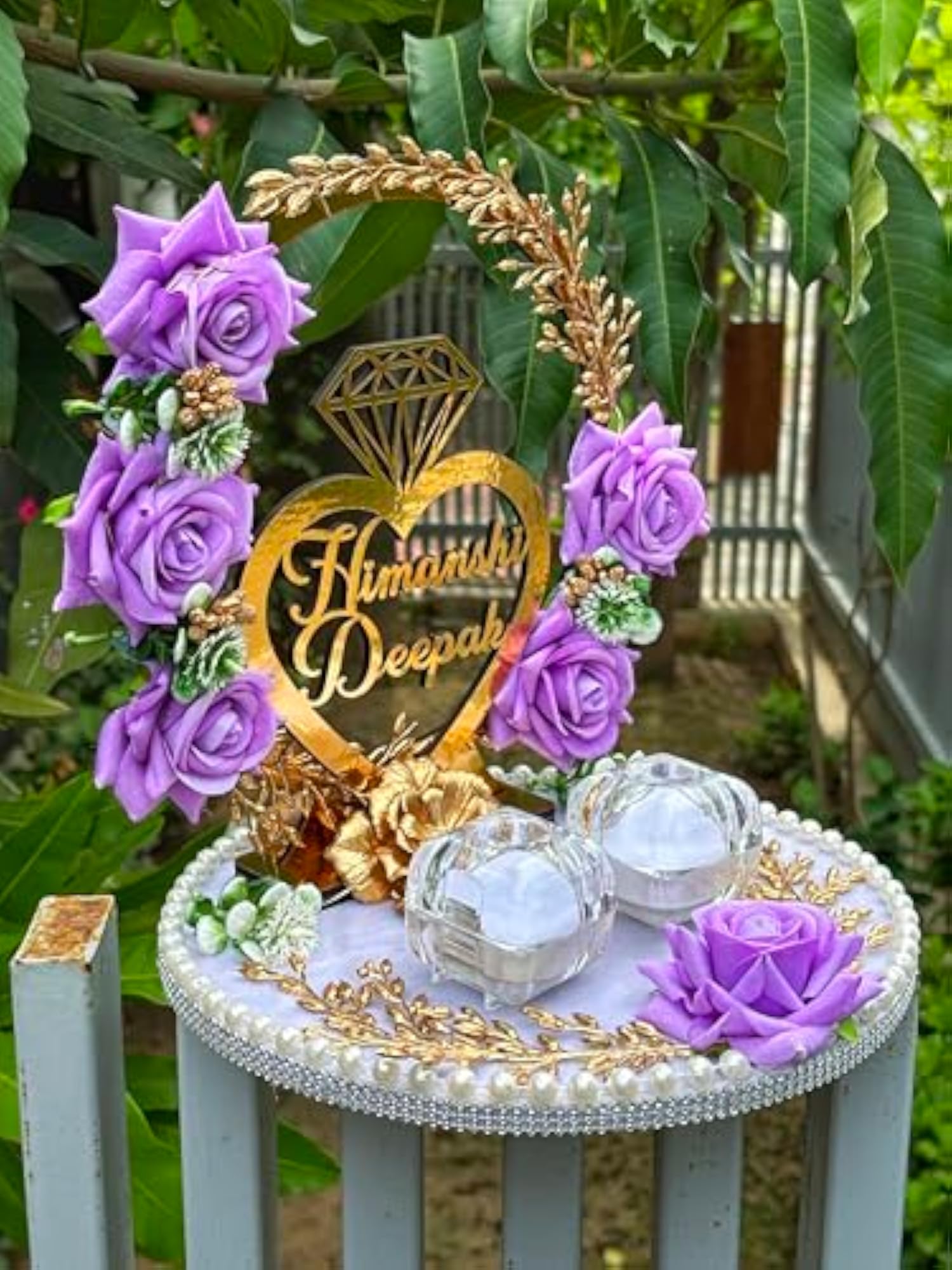 Wood Personalized Flower Design Engagement Ring Tray Platter