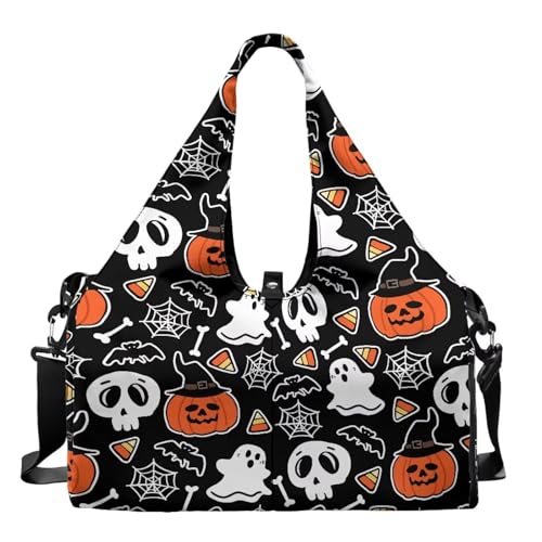 Halloween Gym Bag Men with Yoga Mat Holder, Shoe Compartments, Skull Mens Duffle Bag Double Zipper Lightweight Breathable Carry On Duffel Bag for Travel Work Gym