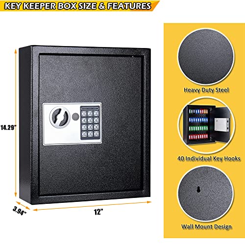 Furnishh Key Box Wall Mount Metal Digital Locking Key Cabinet Organizer Electronic Key Safe Storage Lockbox Holder For Valets, Hotels, Car And House Keys, Key Keeper Box With 40 Key Hooks & Tags #TOP2
